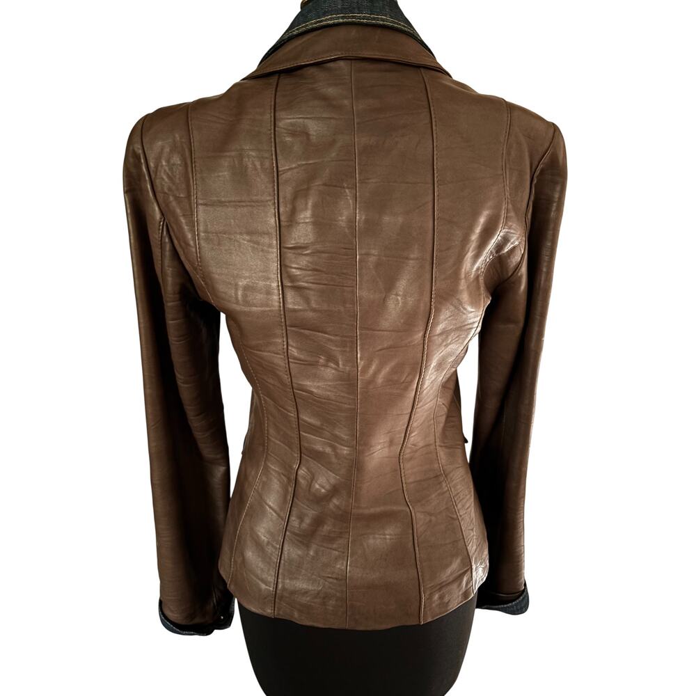 Cache Butter Brown Leather Denim Front Button Jacket 2 for 1 Lined $298 Sz 6 - Picture 6 of 8